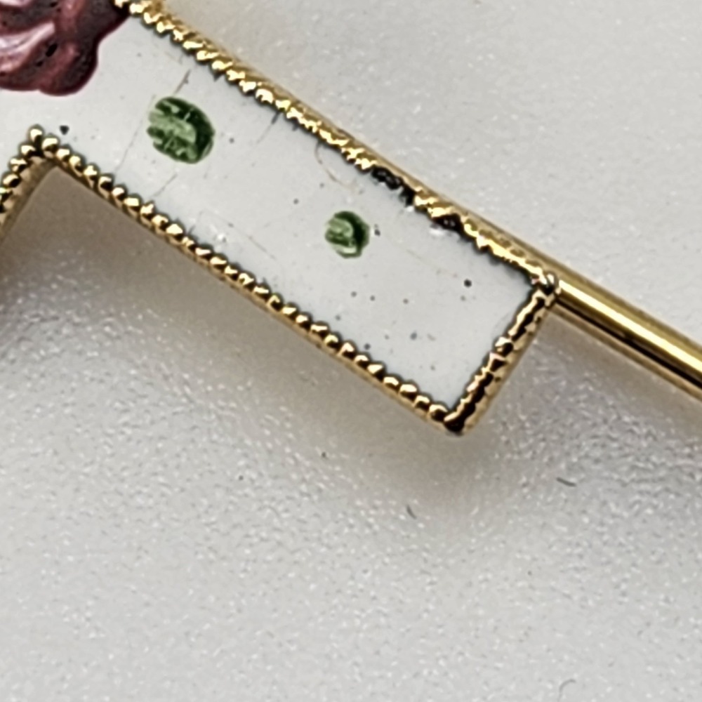 Vintage Dainty White Enamel w Pink Rose Flowers CROSS Goldtone Lapel Stick Pin - - Picture 3 of 4